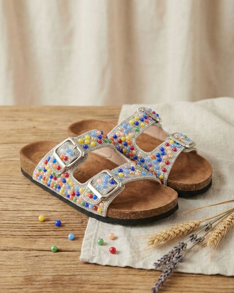 Pien Çift Tokalı  Şık Günlük Ful Ortapedik Terlik BONCUKLU GÜMÜŞ - 38