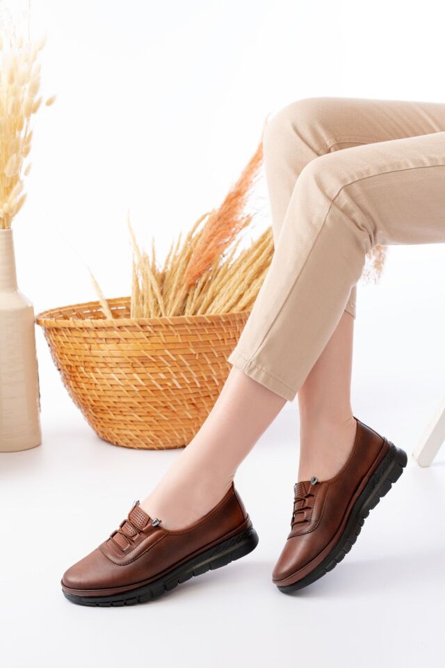 Kadın Lastikli Detaylı Ciltli Anne Ayakkabısı Günlük Ayakkabı Babet TABA - 38