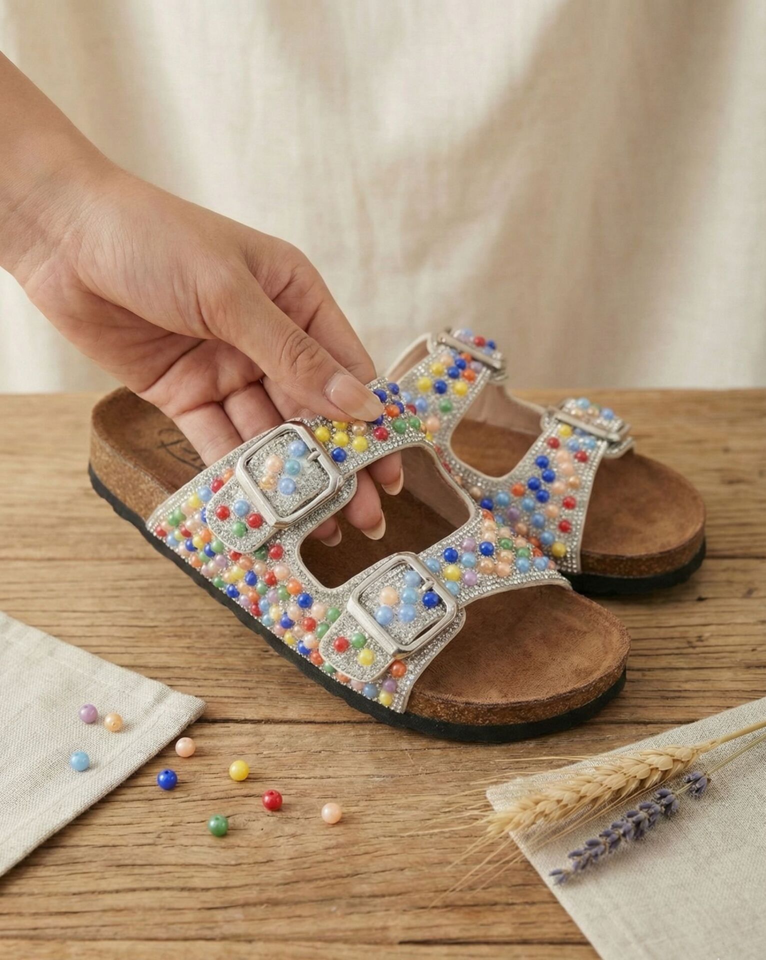 Pien Çift Tokalı  Şık Günlük Ful Ortapedik Terlik BONCUKLU GÜMÜŞ - 40