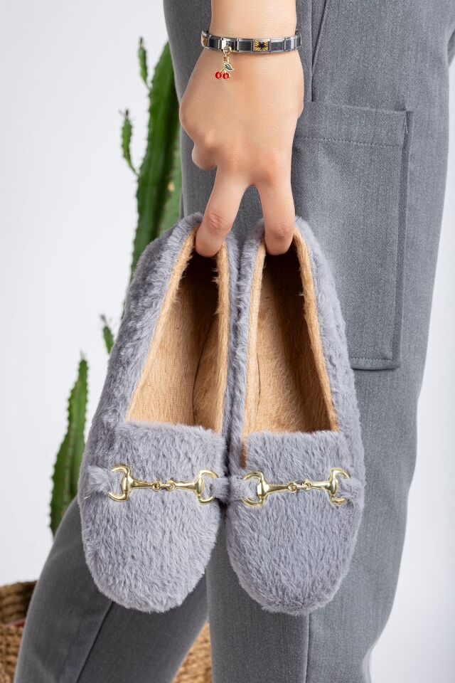 Yumuşak Peluş Kadın Ev Babeti Ses Yapmaz Hafif Taban Panduf Ev Pandufu GRİ - 40