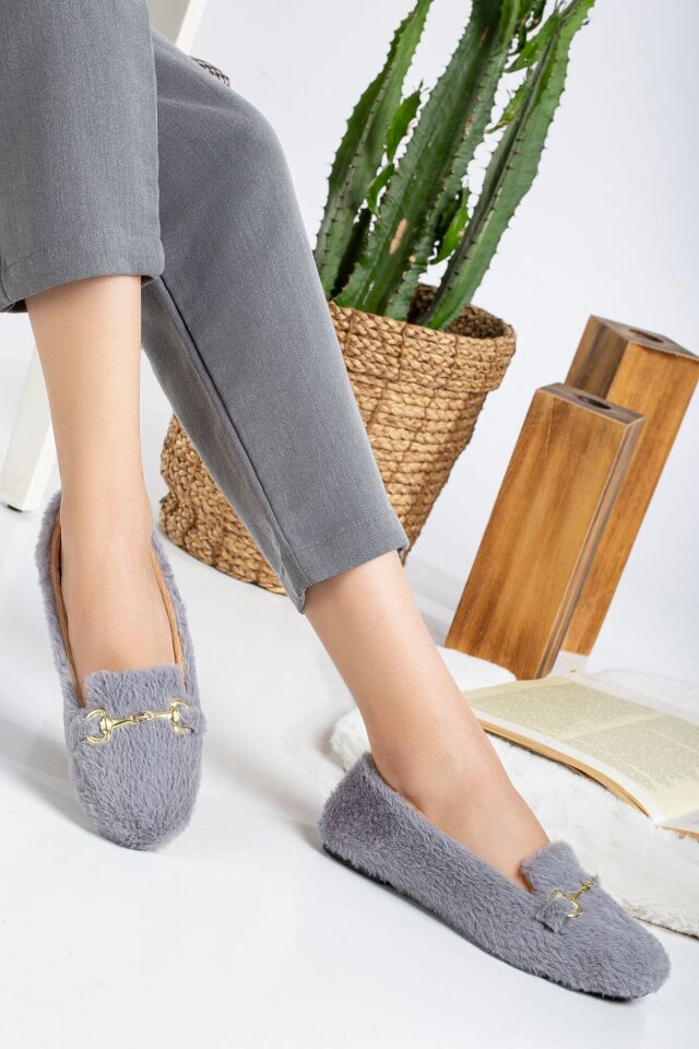 Yumuşak Peluş Kadın Ev Babeti Ses Yapmaz Hafif Taban Panduf Ev Pandufu GRİ - 40