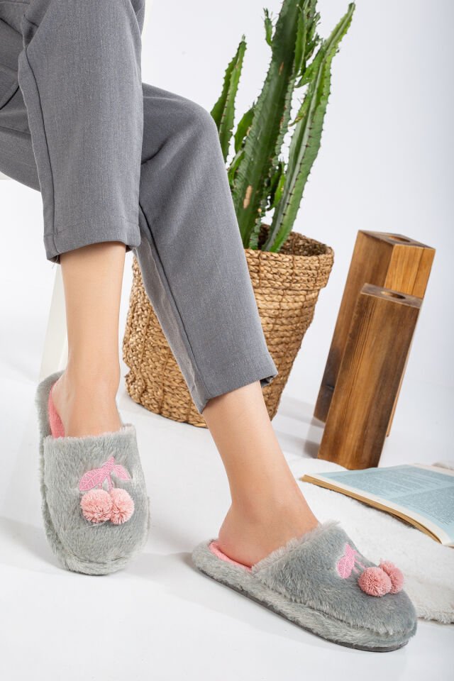 Kadın Ev Terliği Kirazlı Ev Terliği Kışlık Terlik Misafir Terliği Tüylü Terlik GRİ - 37