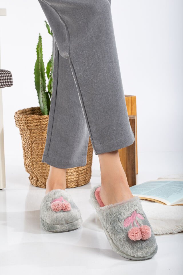 Kadın Ev Terliği Kirazlı Ev Terliği Kışlık Terlik Misafir Terliği Tüylü Terlik GRİ - 39