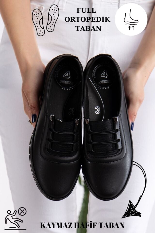 Kadın Lastikli Detaylı Ciltli Anne Ayakkabısı Günlük Ayakkabı Babet SİYAH - 39