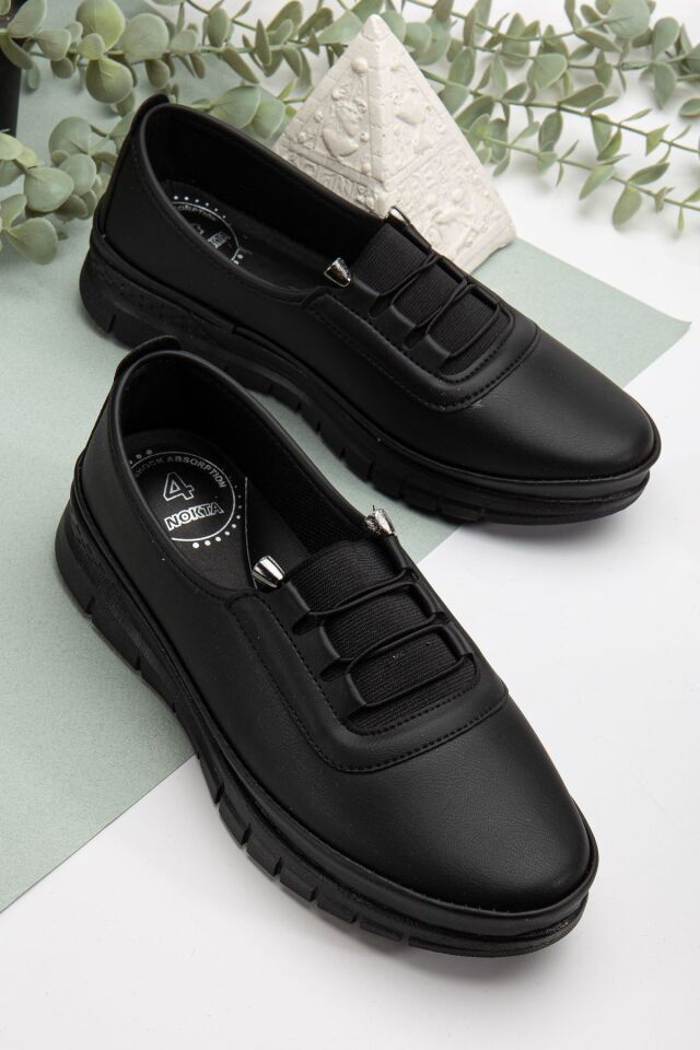 Kadın Lastikli Detaylı Ciltli Anne Ayakkabısı Günlük Ayakkabı Babet SİYAH - 39