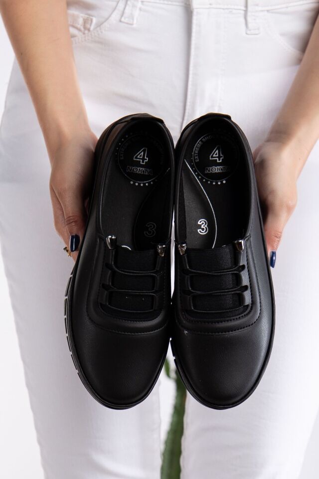 Kadın Lastikli Detaylı Ciltli Anne Ayakkabısı Günlük Ayakkabı Babet SİYAH - 39