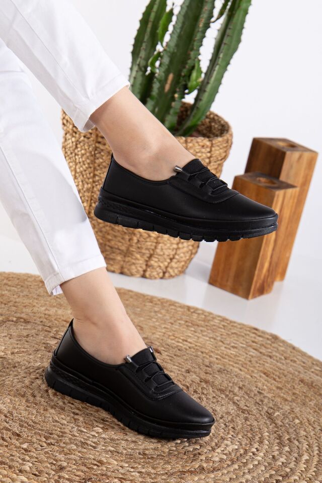 Kadın Lastikli Detaylı Ciltli Anne Ayakkabısı Günlük Ayakkabı Babet SİYAH - 39