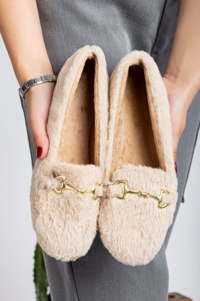 Yumuşak Peluş Kadın Ev Babeti Ses Yapmaz Hafif Taban Panduf Ev Pandufu KREM - 40