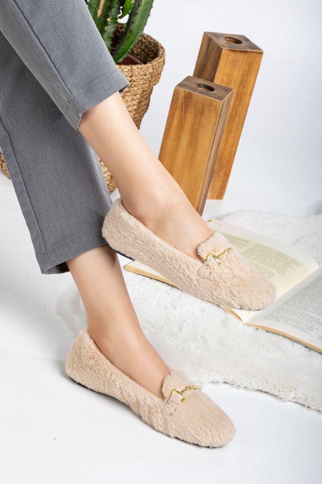 Yumuşak Peluş Kadın Ev Babeti Ses Yapmaz Hafif Taban Panduf Ev Pandufu KREM - 40