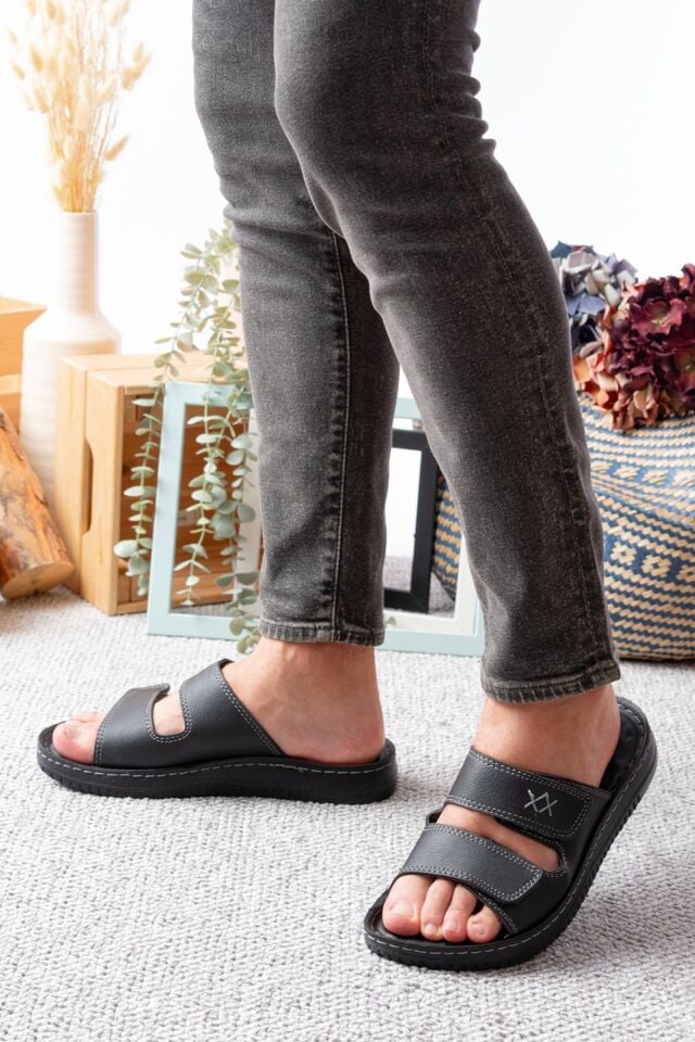 Günlük Rahat Anatomik Yumuşak Taban Şık CIRTLI Erkek Dış Mekan Terlik SİYAH - 42