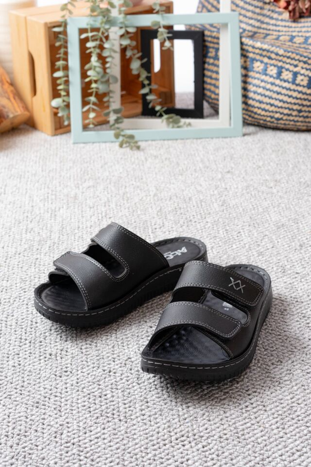 Günlük Rahat Anatomik Yumuşak Taban Şık CIRTLI Erkek Dış Mekan Terlik SİYAH - 42