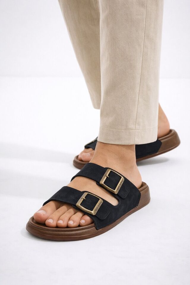 Günlük Erkek Terlik Çift Tokalı Konforlu Hafif Taban Rahat Kalıp Şık Tasarım SİYAH - 42