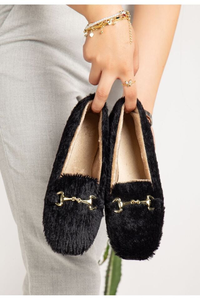 Yumuşak Peluş Kadın Ev Babeti Ses Yapmaz Hafif Taban Panduf Ev Pandufu SİYAH - 36