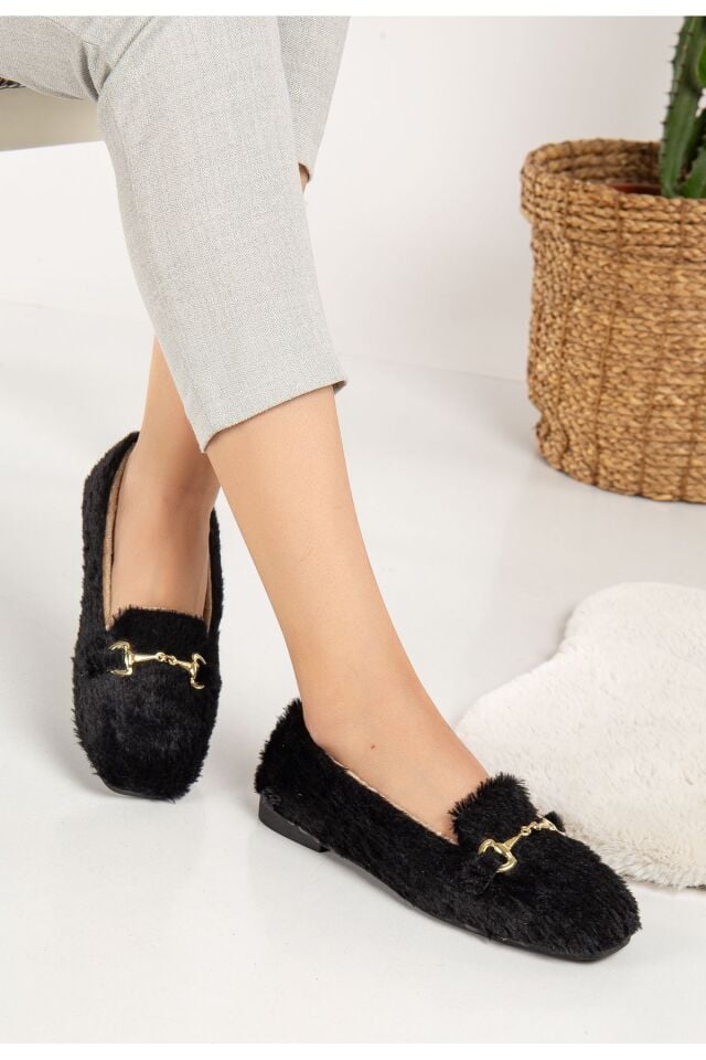 Yumuşak Peluş Kadın Ev Babeti Ses Yapmaz Hafif Taban Panduf Ev Pandufu SİYAH - 36