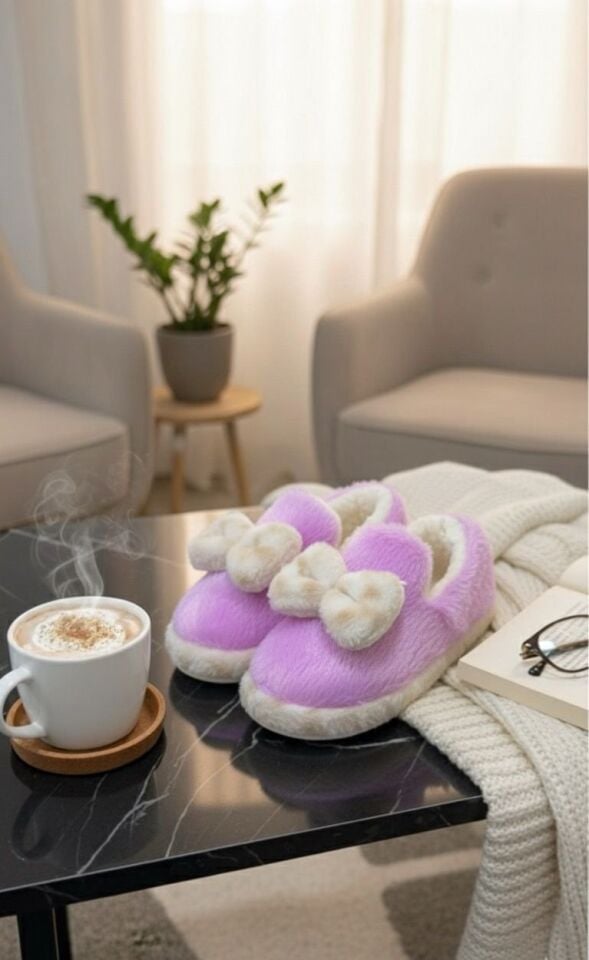 Şirin Kadın Peluş Ev Pandufu Kaymaz Taban Konforlu ve Sevimli Tasarım LİLA - 40