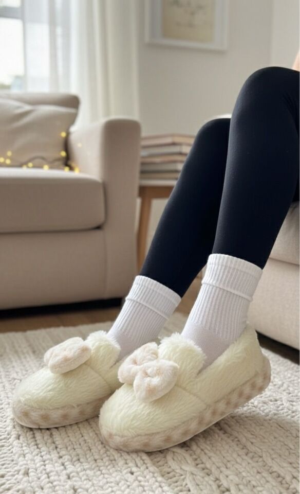 Şirin Kadın Peluş Ev Pandufu Kaymaz Taban Konforlu ve Sevimli Tasarım EKRU - 40