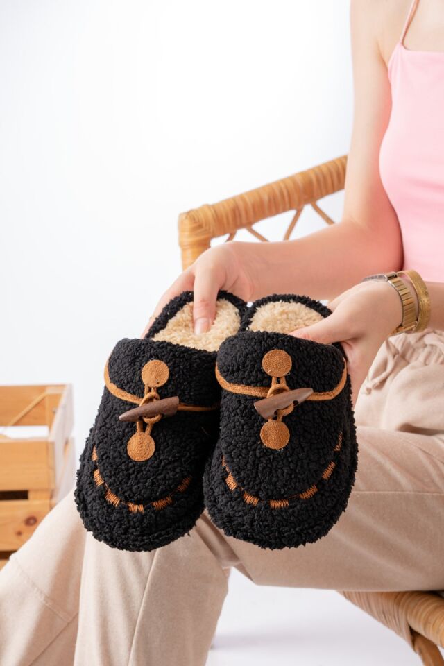 Kadın Ev Terliği Peluş Terlik Çeyiz ve Bohça Terliği Ses Yapmaz Kalın Taban SİYAH - 38