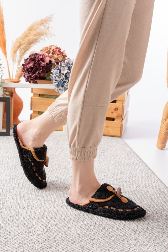 Kadın Ev Terliği Peluş Terlik Çeyiz ve Bohça Terliği Ses Yapmaz Kalın Taban SİYAH - 38