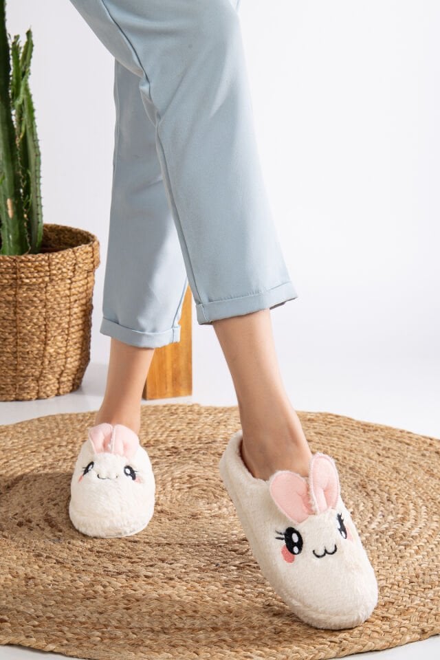 Pofuduk Hayvan Figürlü Panduf Kadın Ev Terliği Bohça Terliği Misafir Terliği BEYAZ - 38-39