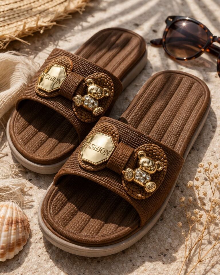 Kadın Şık Tokalı Konfor Kaymaz Taban Plaj Balkon Günlük Ayıcık Detaylı Terlik KAHVERENGİ - 40