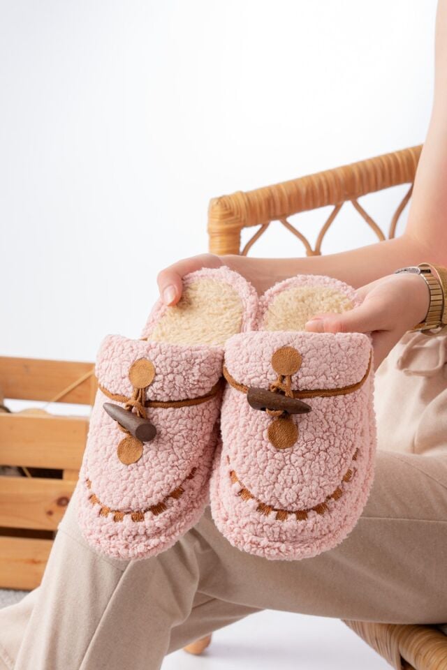 Kadın Ev Terliği Peluş Terlik Çeyiz ve Bohça Terliği Ses Yapmaz Kalın Taban PUDRA - 38