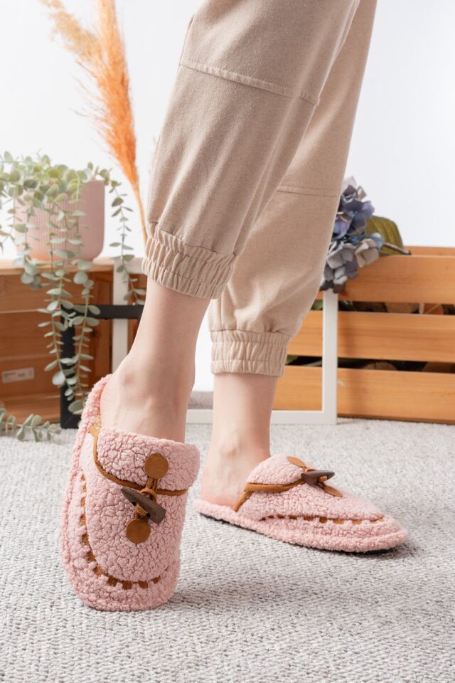 Kadın Ev Terliği Peluş Terlik Çeyiz ve Bohça Terliği Ses Yapmaz Kalın Taban PUDRA - 38