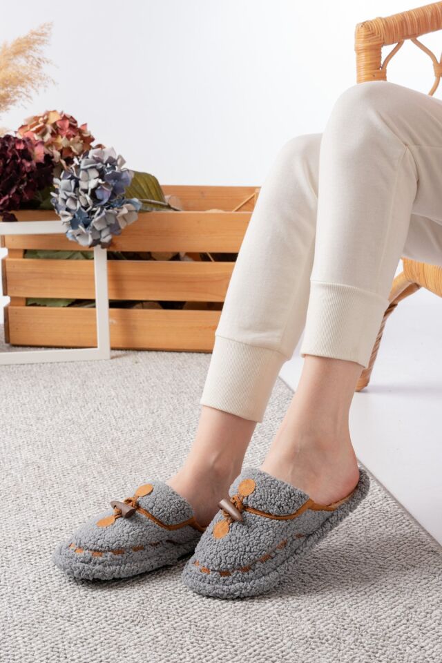 Kadın Ev Terliği Peluş Terlik Çeyiz ve Bohça Terliği Ses Yapmaz Kalın Taban GRİ - 39