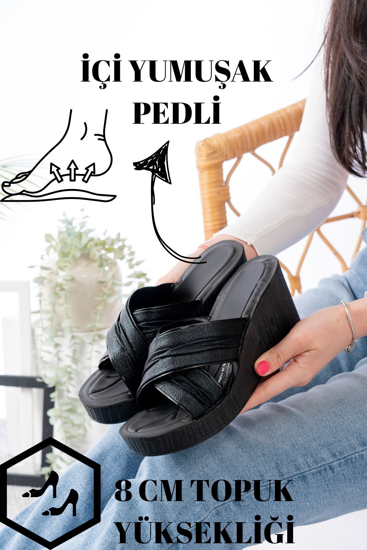 Günlük Ortopedik Terlik Anne Rahat Orta Yaş Genç Ev & Dışarı Terliği çatlak siyah - 38