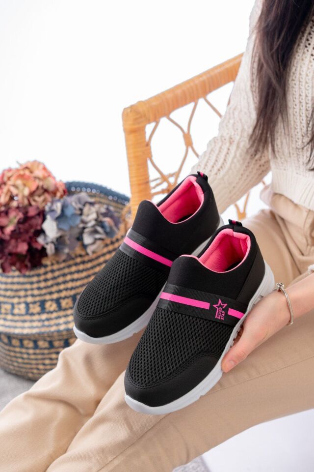 Tedy Garantili Unisex Kadın Bağcıksız Rahat Esnek Günlük Sneaker Spor Ayakkabı SİYAH-FUŞYA - 39