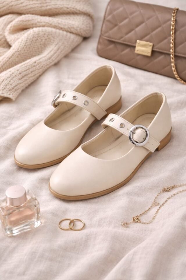 Şık Tasarım Tokalı Lastikli Klasik Babet Ayakkabı KREM - 40