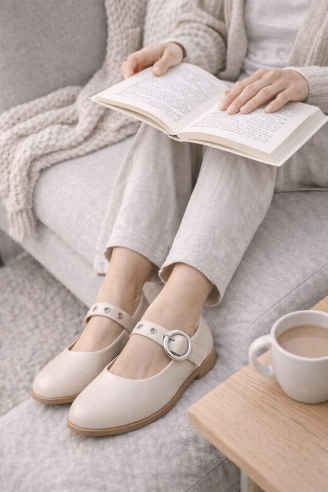 Şık Tasarım Tokalı Lastikli Klasik Babet Ayakkabı KREM - 40