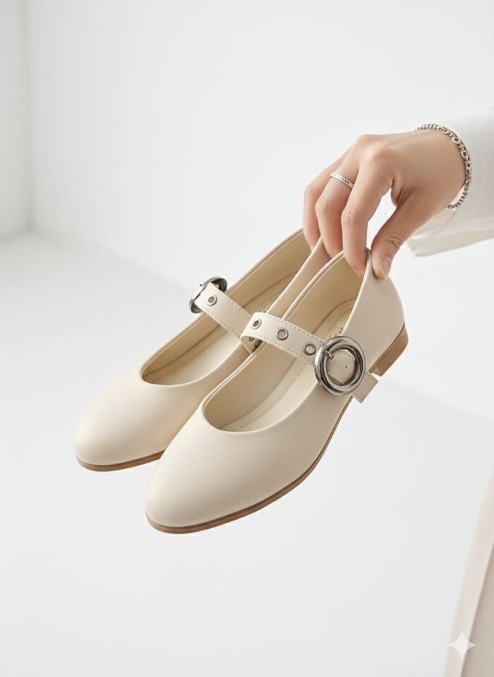 Şık Tasarım Tokalı Lastikli Klasik Babet Ayakkabı KREM - 40