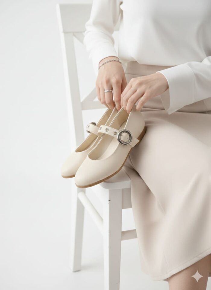 Şık Tasarım Tokalı Lastikli Klasik Babet Ayakkabı KREM - 40