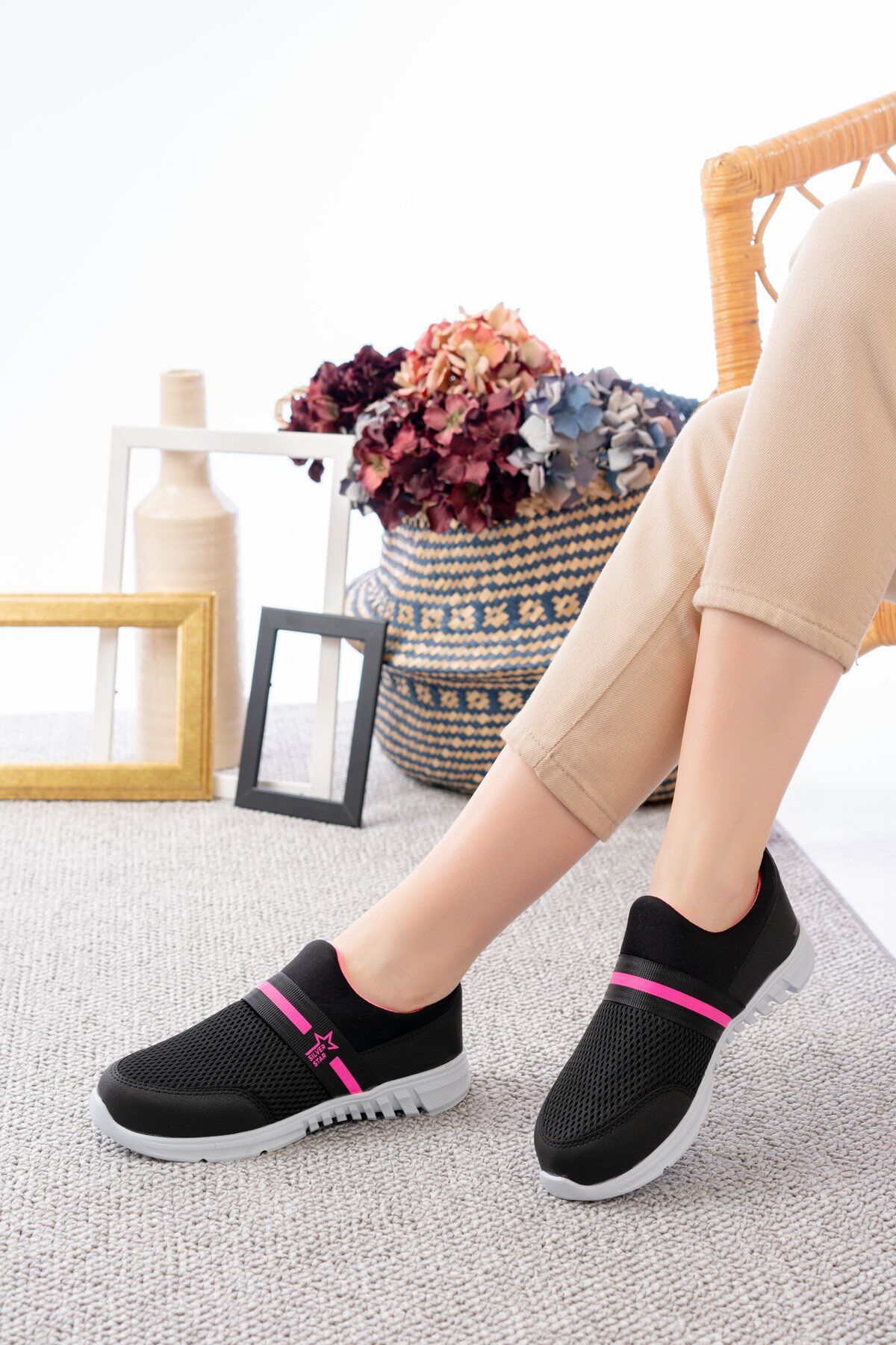 Tedy Garantili Unisex Kadın Bağcıksız Rahat Esnek Günlük Sneaker Spor Ayakkabı SİYAH-FUŞYA - 38