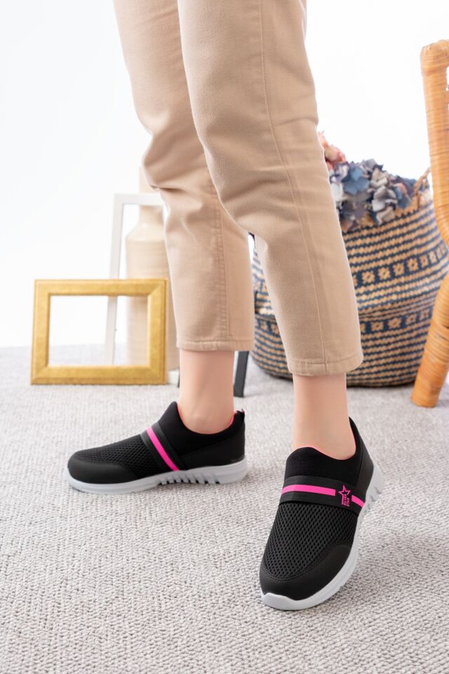 Tedy Garantili Unisex Kadın Bağcıksız Rahat Esnek Günlük Sneaker Spor Ayakkabı SİYAH-FUŞYA - 38