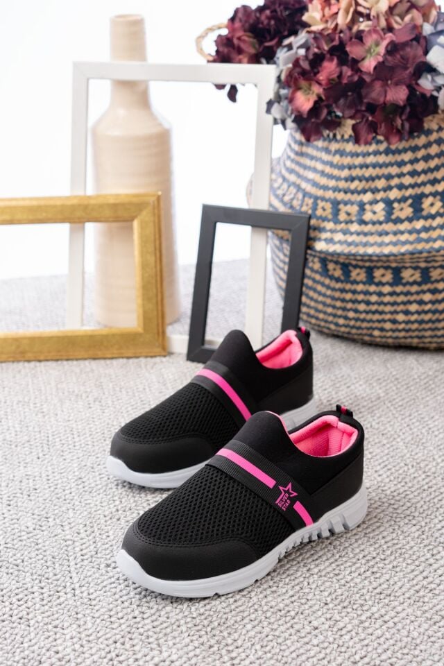 Tedy Garantili Unisex Kadın Bağcıksız Rahat Esnek Günlük Sneaker Spor Ayakkabı SİYAH-FUŞYA - 38