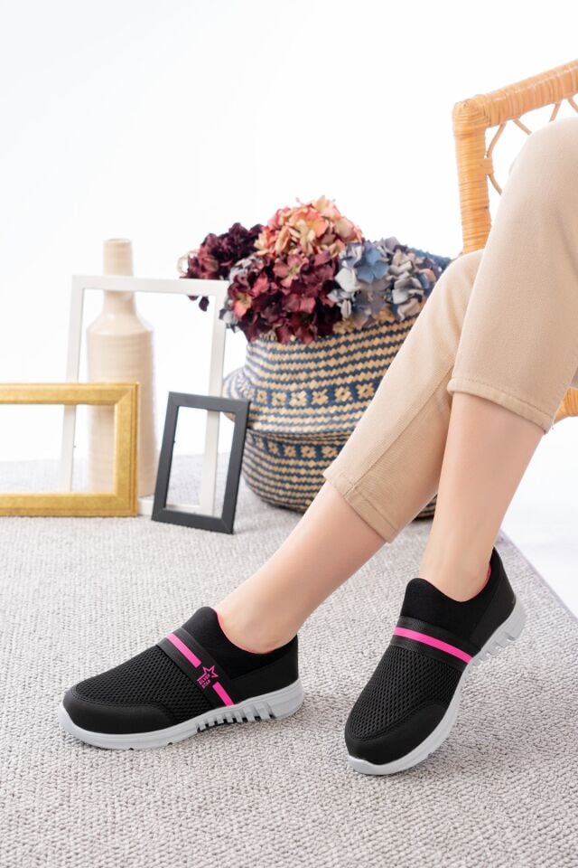 Tedy Garantili Unisex Kadın Bağcıksız Rahat Esnek Günlük Sneaker Spor Ayakkabı SİYAH-FUŞYA - 40