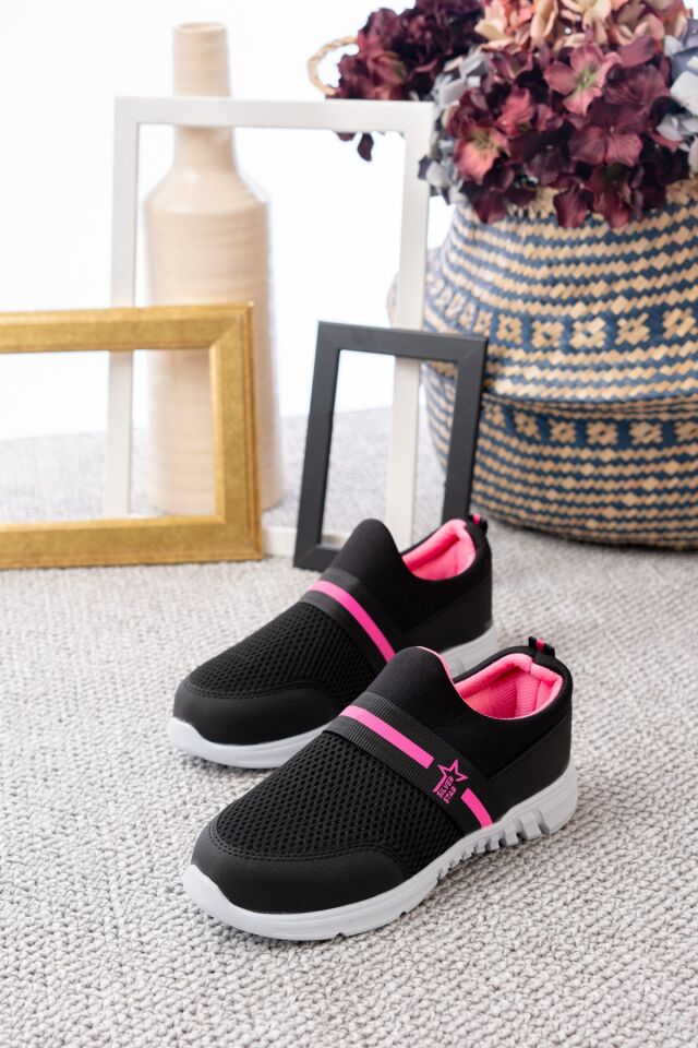 Tedy Garantili Unisex Kadın Bağcıksız Rahat Esnek Günlük Sneaker Spor Ayakkabı SİYAH-FUŞYA - 40
