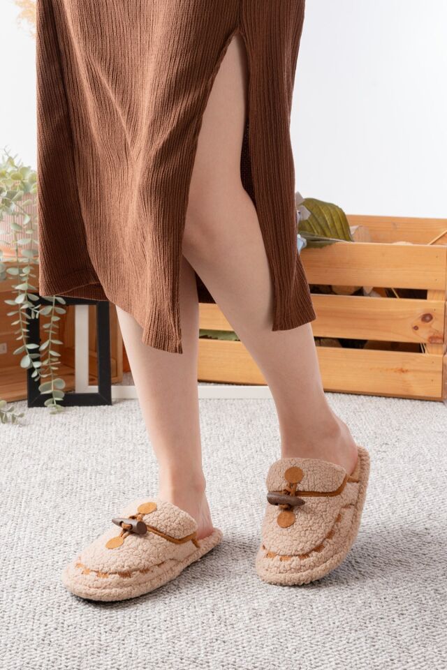 Kadın Ev Terliği Peluş Terlik Çeyiz ve Bohça Terliği Ses Yapmaz Kalın Taban VİZON - 40