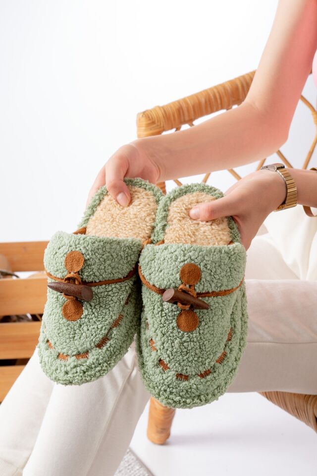 Kadın Ev Terliği Peluş Terlik Çeyiz ve Bohça Terliği Ses Yapmaz Kalın Taban YEŞİL - 38