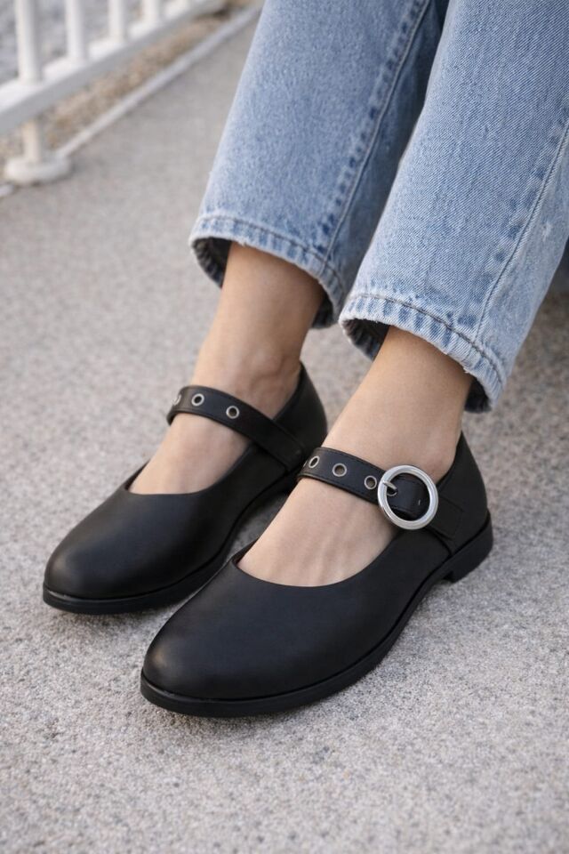 Şık Tasarım Tokalı Lastikli Klasik Babet Ayakkabı SİYAH - 40