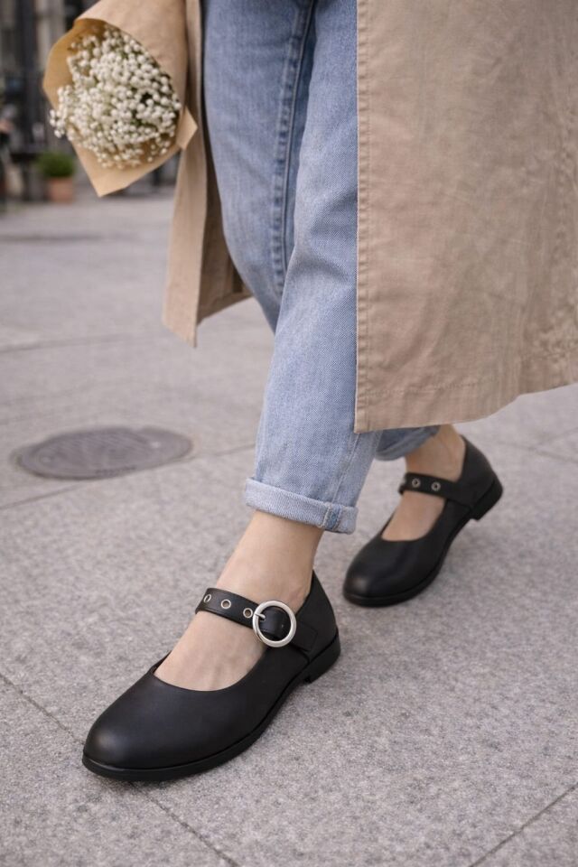 Şık Tasarım Tokalı Lastikli Klasik Babet Ayakkabı SİYAH - 40