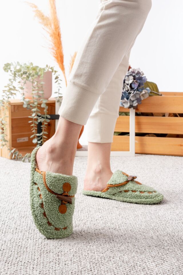 Kadın Ev Terliği Peluş Terlik Çeyiz ve Bohça Terliği Ses Yapmaz Kalın Taban YEŞİL - 40