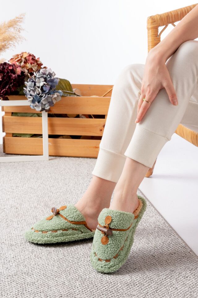 Kadın Ev Terliği Peluş Terlik Çeyiz ve Bohça Terliği Ses Yapmaz Kalın Taban YEŞİL - 40