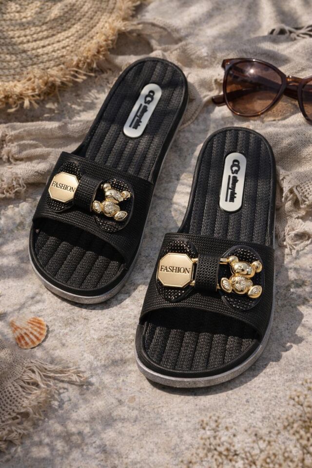 Kadın Şık Tokalı Konfor Kaymaz Taban Plaj Balkon Günlük Ayıcık Detaylı Terlik SİYAH - 40