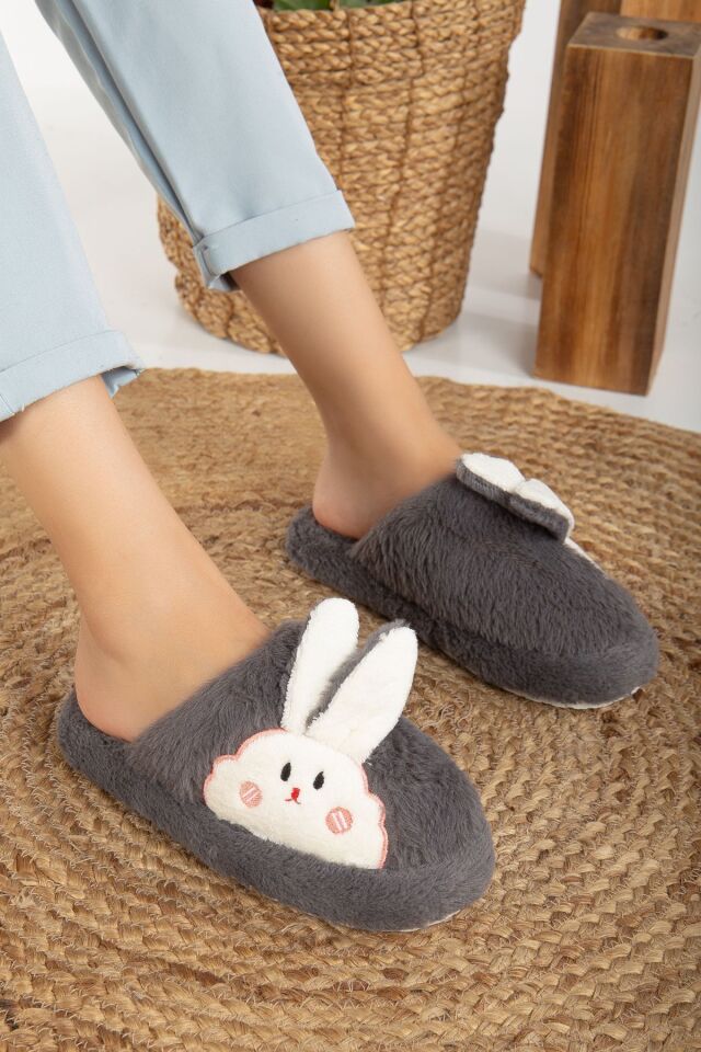 Kadın Tavşan Figürlü Sessiz Taban Peluş Ev Terliği GRİ - 38-39