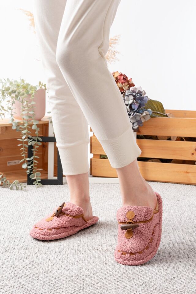 Kadın Ev Terliği Peluş Terlik Çeyiz ve Bohça Terliği Ses Yapmaz Kalın Taban GÜL KURUSU - 38