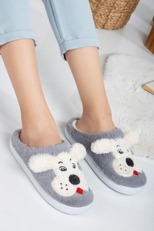Köpekli Peluş Kaydırmaz Taban Ev Terliği GRİ - 38-39
