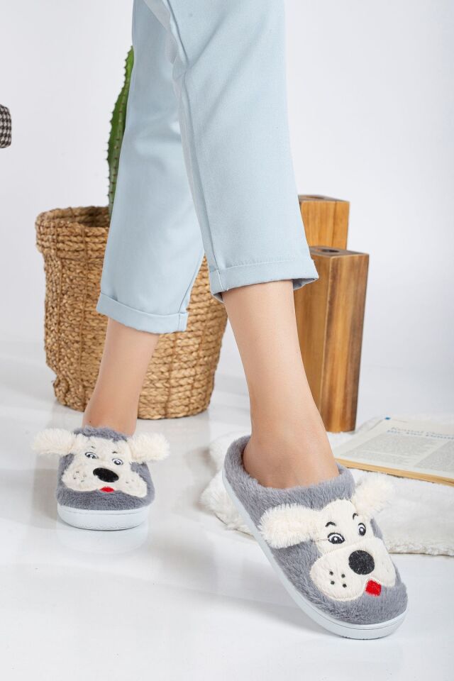 Köpekli Peluş Kaydırmaz Taban Ev Terliği GRİ - 38-39