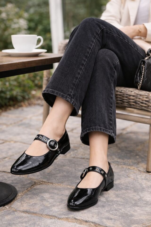 Şık Tasarım Tokalı Lastikli Klasik Babet Ayakkabı RUGAN SİYAH - 40